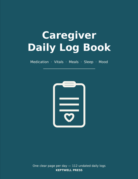 Caregiver Daily Log Book cover — teal with a clipboard and heart icon