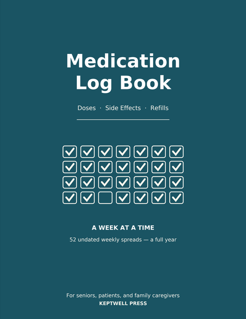 Medication Log Book cover — teal with a grid of ticked checkboxes