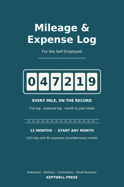 Mileage & Expense Log Book cover — teal with an odometer window