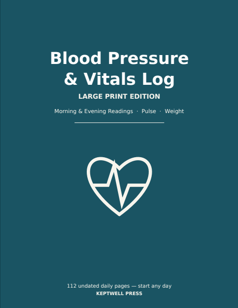 Blood Pressure & Vitals Log Book cover — teal with a heart and pulse line icon