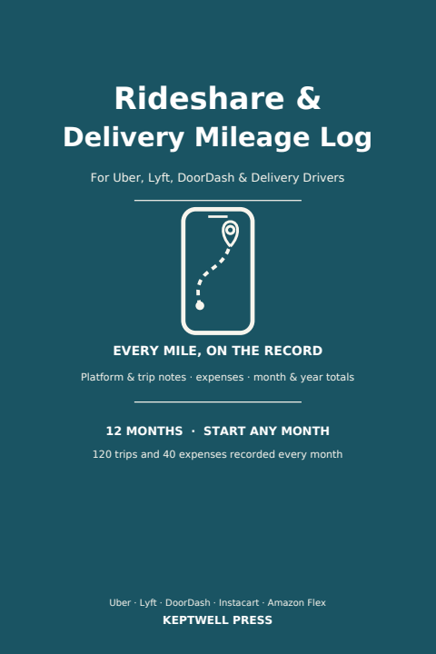 Rideshare & Delivery Driver Mileage Log Book cover — teal with a phone and route pin