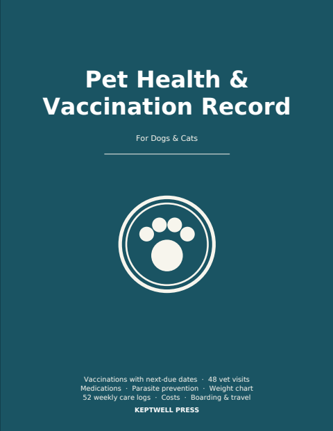 Pet Health & Vaccination Record cover — teal with a paw print in a ring