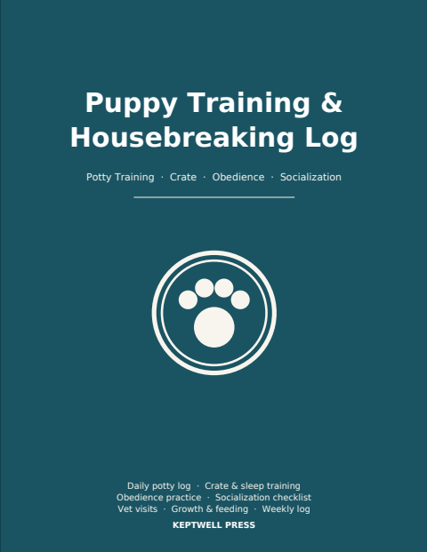 Puppy Training & Housebreaking Log cover — teal with a paw print in a ring